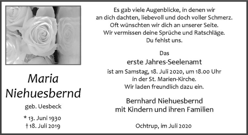  Traueranzeige für Maria Niehuesbernd vom 15.07.2020 aus Westfälische Nachrichten