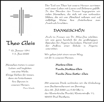 Anzeige von Theo Gleis von Westfälische Nachrichten