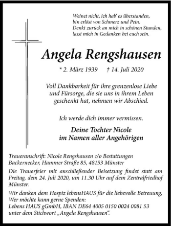 Anzeige von Angela Rengshausen von Westfälische Nachrichten