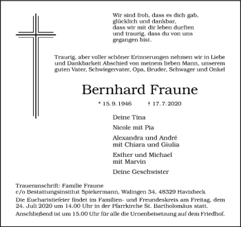 Anzeige von Bernhard Fraune von Westfälische Nachrichten
