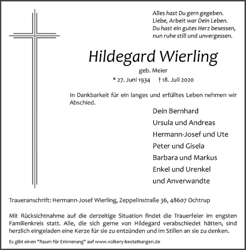  Traueranzeige für Hildegard Wierling vom 20.07.2020 aus Westfälische Nachrichten