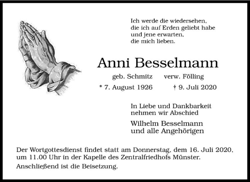 Traueranzeige für Anni Besselmann vom 15.07.2020 aus Westfälische Nachrichten