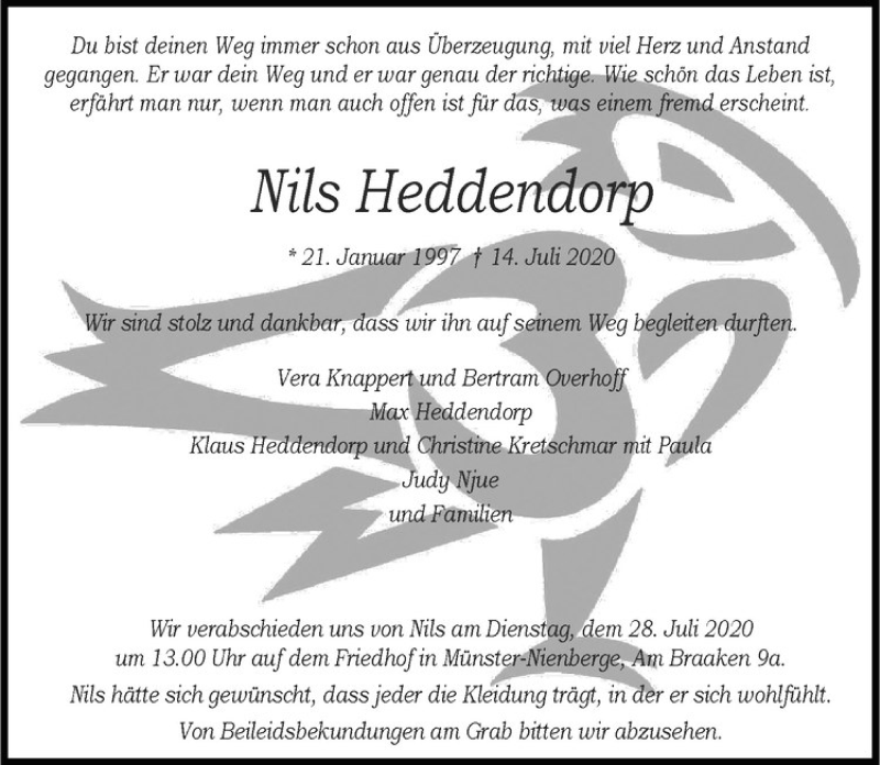  Traueranzeige für Nils Heddendorp vom 25.07.2020 aus Westfälische Nachrichten