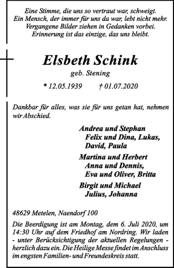 Anzeige von Elsbeth Schink von Westfälische Nachrichten