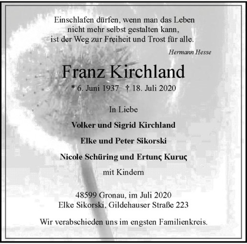  Traueranzeige für Franz Kirchland vom 25.07.2020 aus Westfälische Nachrichten