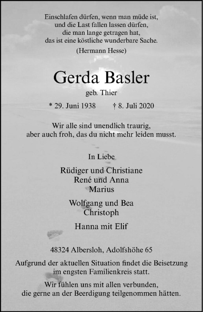  Traueranzeige für Gerda Basler vom 11.07.2020 aus Westfälische Nachrichten