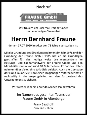 Anzeige von Bernhard Fraune von Westfälische Nachrichten