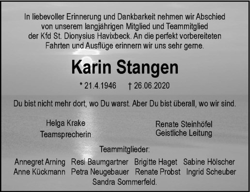  Traueranzeige für Karin Stangen vom 01.07.2020 aus Westfälische Nachrichten