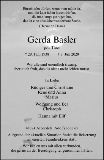 Anzeige von Gerda Basler von Westfälische Nachrichten