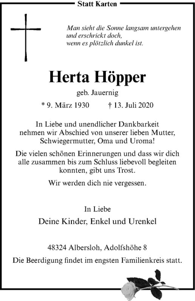  Traueranzeige für Herta Höpper vom 18.07.2020 aus Westfälische Nachrichten