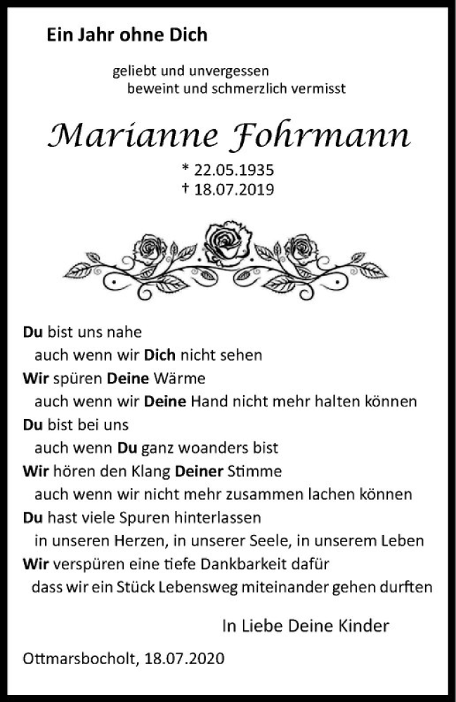  Traueranzeige für Marianne Fohrmann vom 18.07.2020 aus Westfälische Nachrichten