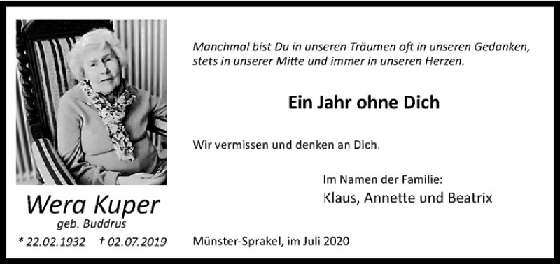  Traueranzeige für Wera Kuper vom 04.07.2020 aus Westfälische Nachrichten