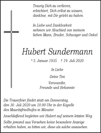 Anzeige von Hubert Sundermann von Westfälische Nachrichten