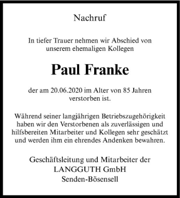 Anzeige von Paul Franke von Westfälische Nachrichten