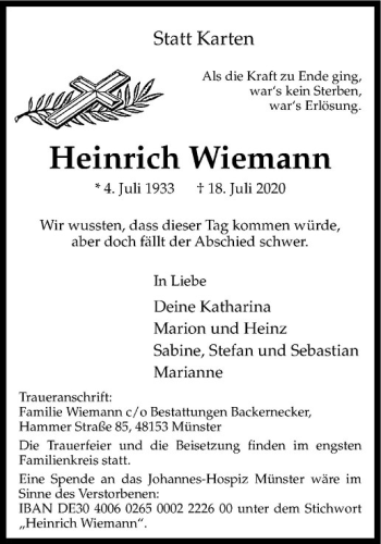 Anzeige von Heinrich Wiemann von Westfälische Nachrichten