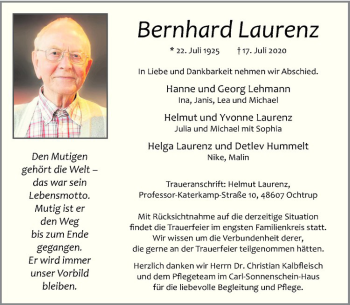 Anzeige von Bernhard Laurenz von Westfälische Nachrichten