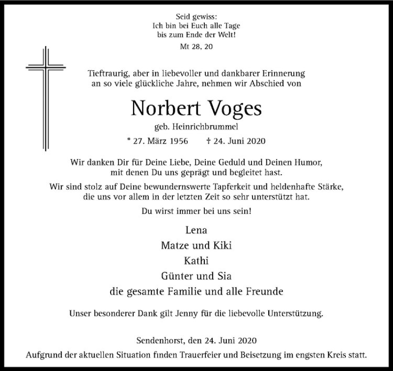  Traueranzeige für Norbert Voges vom 01.07.2020 aus Westfälische Nachrichten