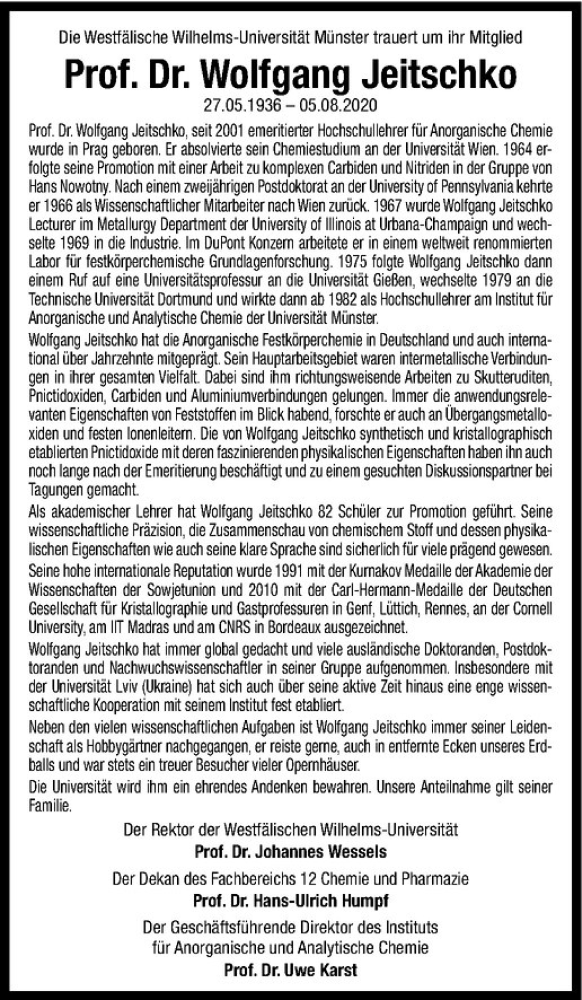  Traueranzeige für Wolfgang Jeitschko vom 15.08.2020 aus Westfälische Nachrichten