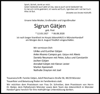 Anzeige von Sigrün Gätjen von Westfälische Nachrichten