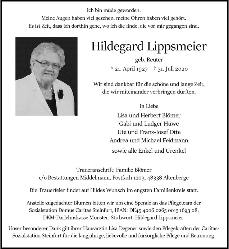  Traueranzeige für Hildegard Lippsmeier vom 05.08.2020 aus Westfälische Nachrichten
