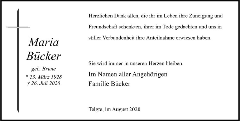  Traueranzeige für Maria Bücker vom 29.08.2020 aus Westfälische Nachrichten