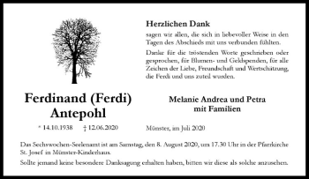 Anzeige von Ferdinand (Ferdi) Antepohl von Westfälische Nachrichten