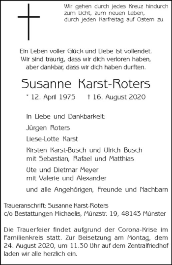 Anzeige von Susanne Karst-Roters von Westfälische Nachrichten