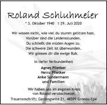 Anzeige von Roland Schluhmeier von Westfälische Nachrichten