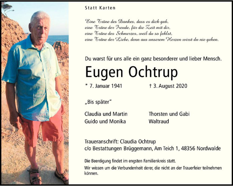  Traueranzeige für Eugen Ochtrup vom 06.08.2020 aus Westfälische Nachrichten
