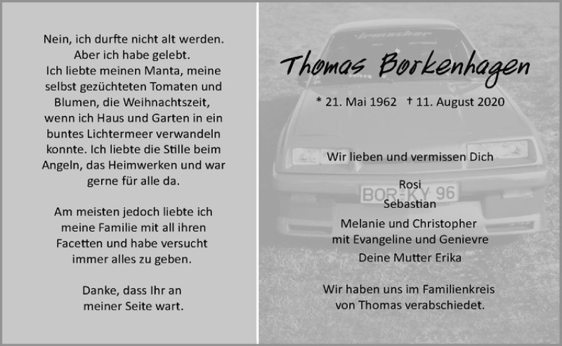  Traueranzeige für Thomas Borkenhagen vom 18.08.2020 aus Westfälische Nachrichten