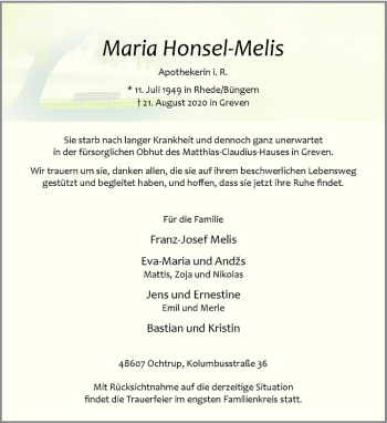 Anzeige von Maria Honsel-Melis von Westfälische Nachrichten