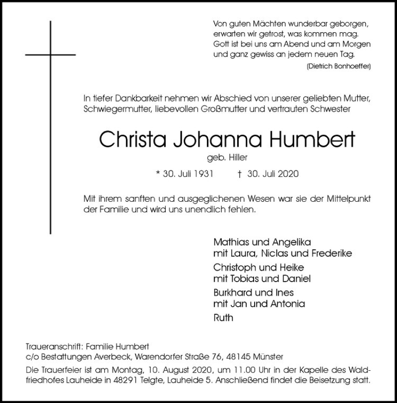  Traueranzeige für Christa Johanna Humbert vom 05.08.2020 aus Westfälische Nachrichten