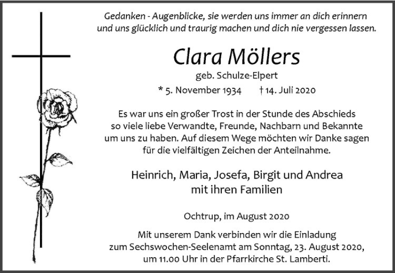  Traueranzeige für Clara Möllers vom 19.08.2020 aus Westfälische Nachrichten