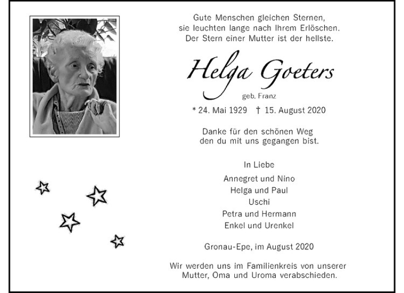  Traueranzeige für Helga Goeters vom 26.08.2020 aus Westfälische Nachrichten