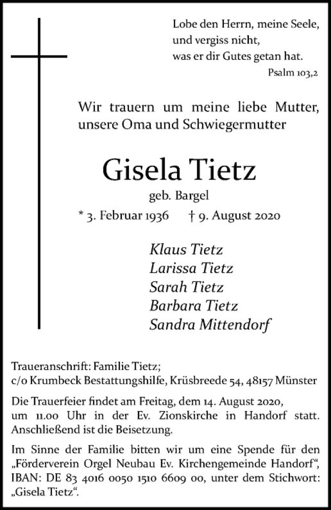  Traueranzeige für Gisela Tietz vom 12.08.2020 aus Westfälische Nachrichten