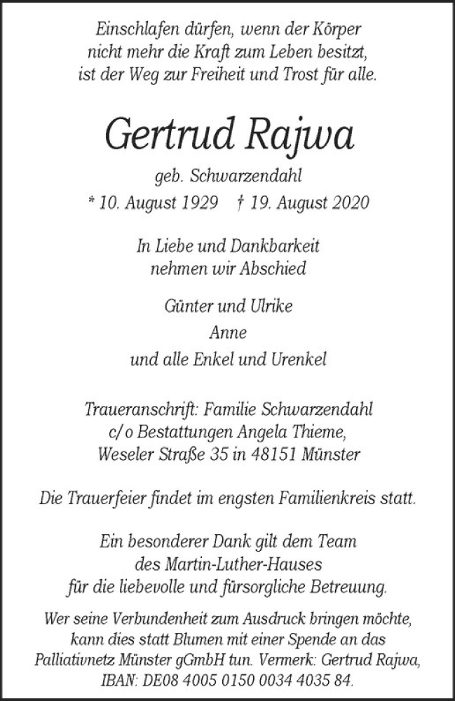  Traueranzeige für Gertrud Rajwa vom 29.08.2020 aus Westfälische Nachrichten