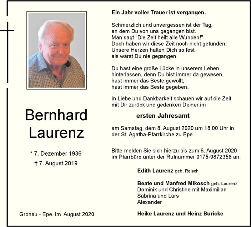  Traueranzeige für Bernhard Laurenz vom 01.08.2020 aus Westfälische Nachrichten