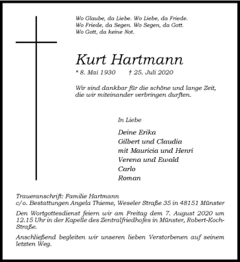 Anzeige von Kurt Hartmann von Westfälische Nachrichten