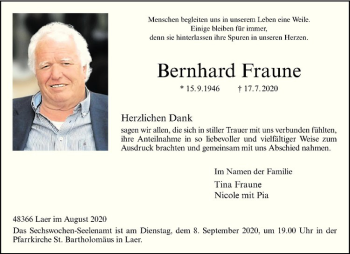 Anzeige von Bernhard Fraune von Westfälische Nachrichten