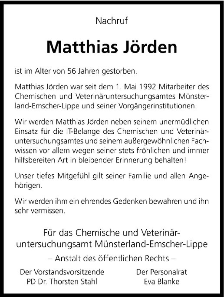  Traueranzeige für Matthias Jörden vom 11.08.2020 aus Westfälische Nachrichten