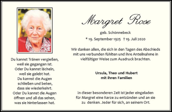 Anzeige von Margret Rose von Westfälische Nachrichten