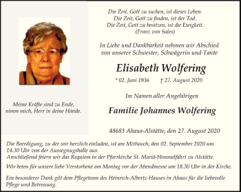 Anzeige von Elisabeth Wolfering von Westfälische Nachrichten