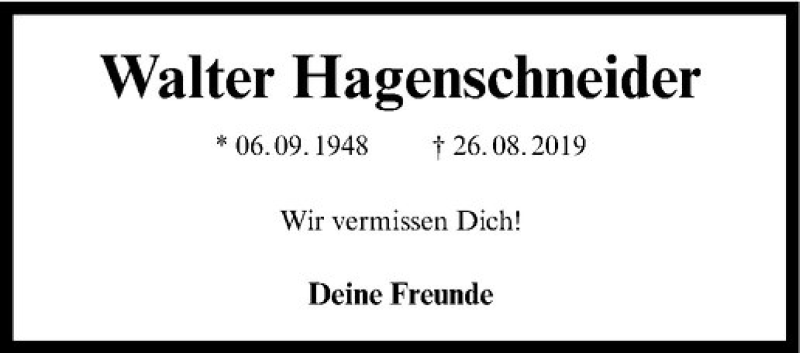  Traueranzeige für Walter Hagenschneider vom 26.08.2020 aus Westfälische Nachrichten