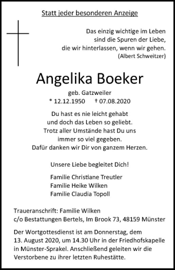 Anzeige von Angelika Boeker von Westfälische Nachrichten
