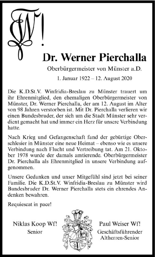  Traueranzeige für Werner Pierchalla vom 18.08.2020 aus Westfälische Nachrichten