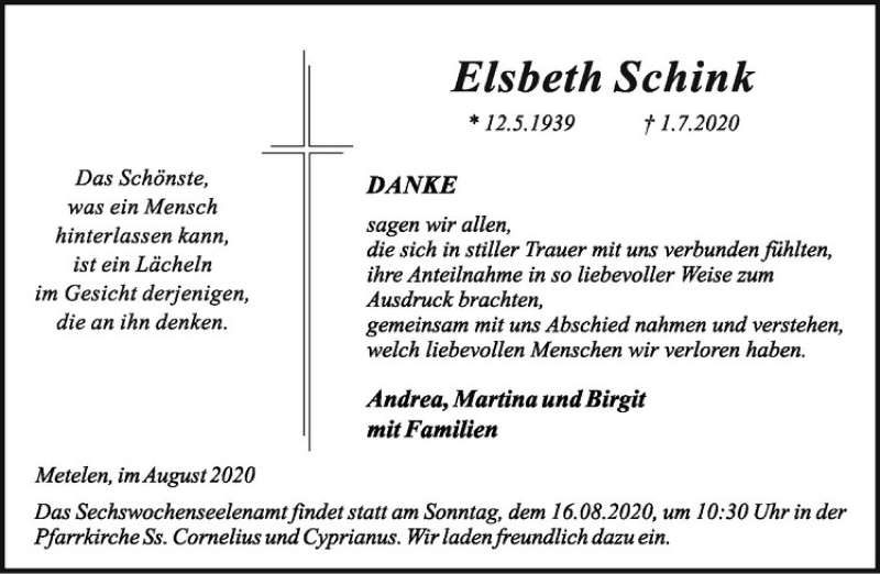  Traueranzeige für Elsbeth Schink vom 11.08.2020 aus Westfälische Nachrichten