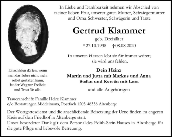 Anzeige von Gertrud Klammer von Westfälische Nachrichten