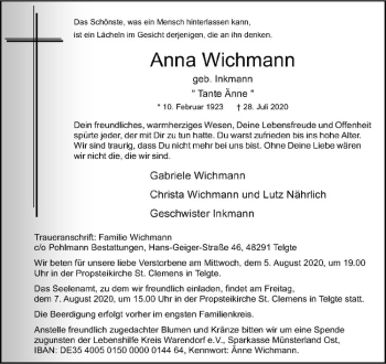 Anzeige von Anna Wichmann von Westfälische Nachrichten