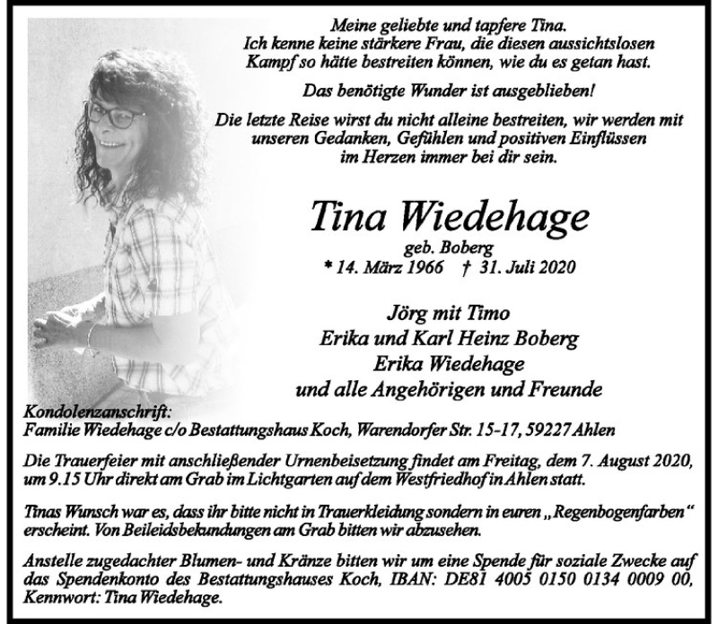  Traueranzeige für Tina Wiedehage vom 04.08.2020 aus Westfälische Nachrichten