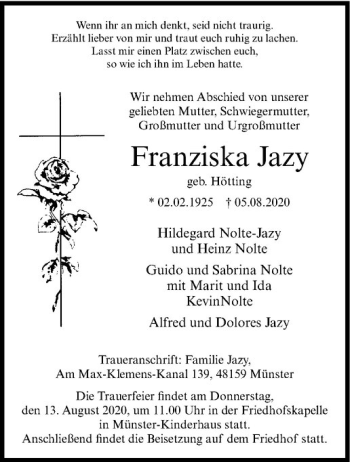 Anzeige von Franziska Jazy von Westfälische Nachrichten